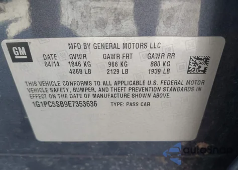 2014 Chevrolet Cruze 1Lt Auto из США, поврежденный, VIN 1G1PC5SB9E7353636